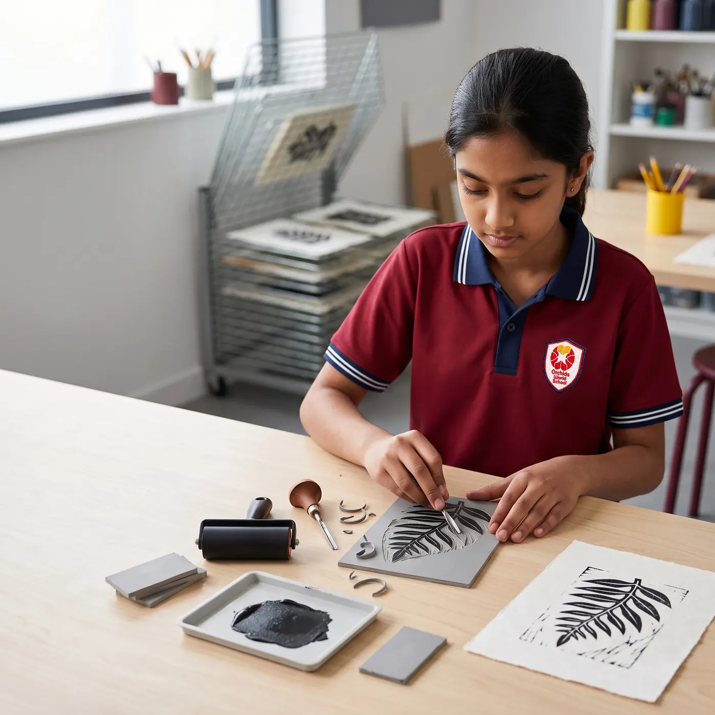 Linocut prints by Grade 6 and above.