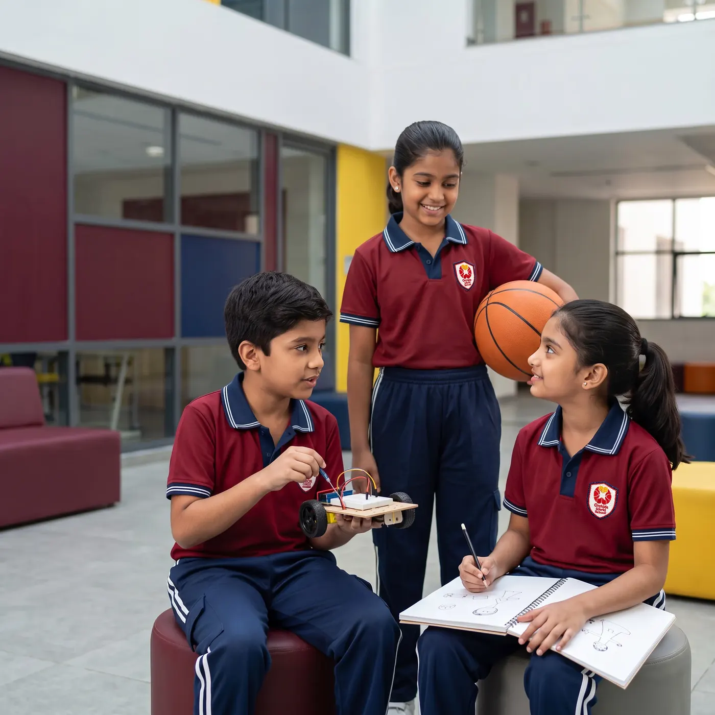 Three students in the school atrium: one wiring a model car, one holding a basketball, one sketching.
