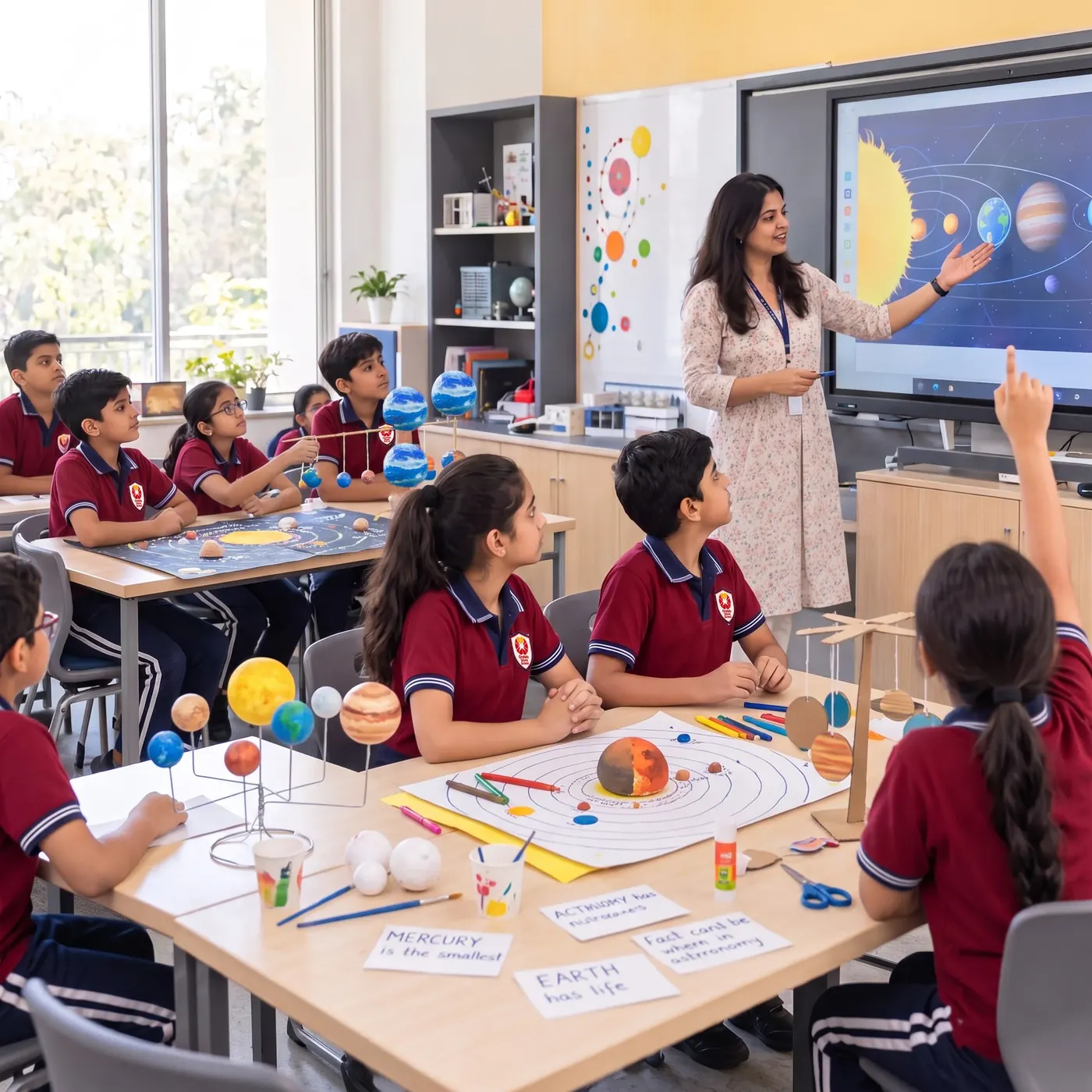 Digital classroom. A teacher using an interactive screen in a solar system lesson.
