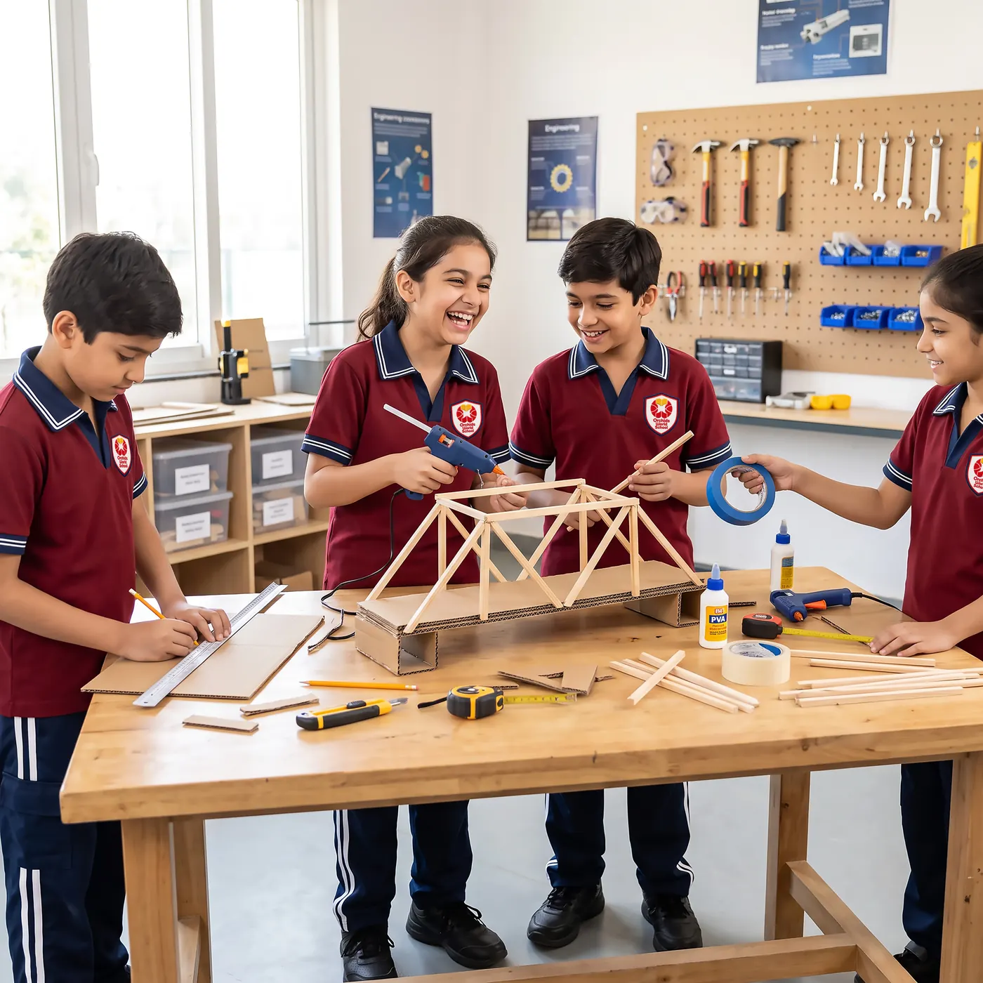 DIY lab. Students building a model truss bridge.