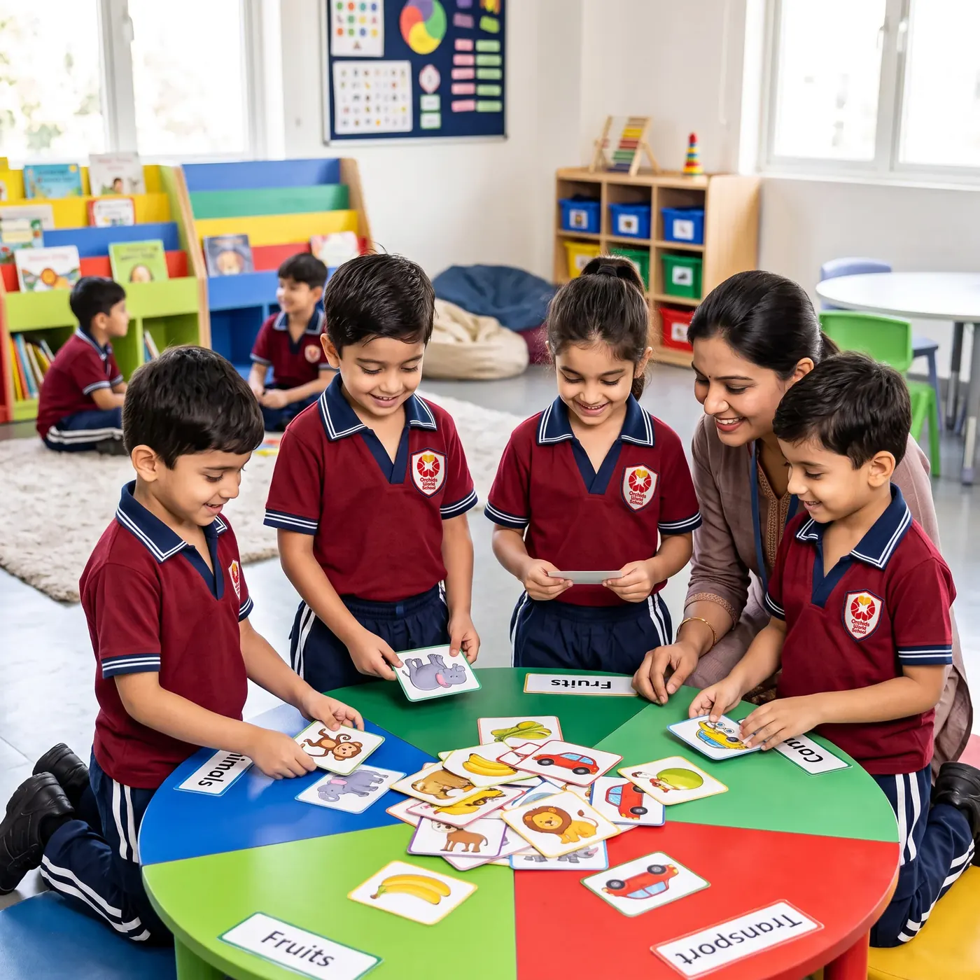 Early Years. Children sorting picture cards into groups with their teacher at a zoned table.