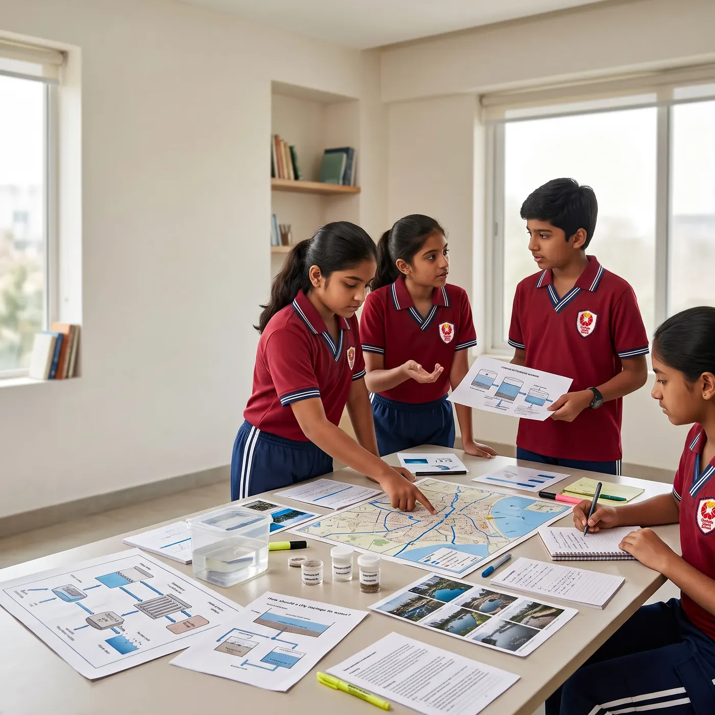 Students working on a Global Perspectives project about how a city manages its water, with maps and diagrams on the table