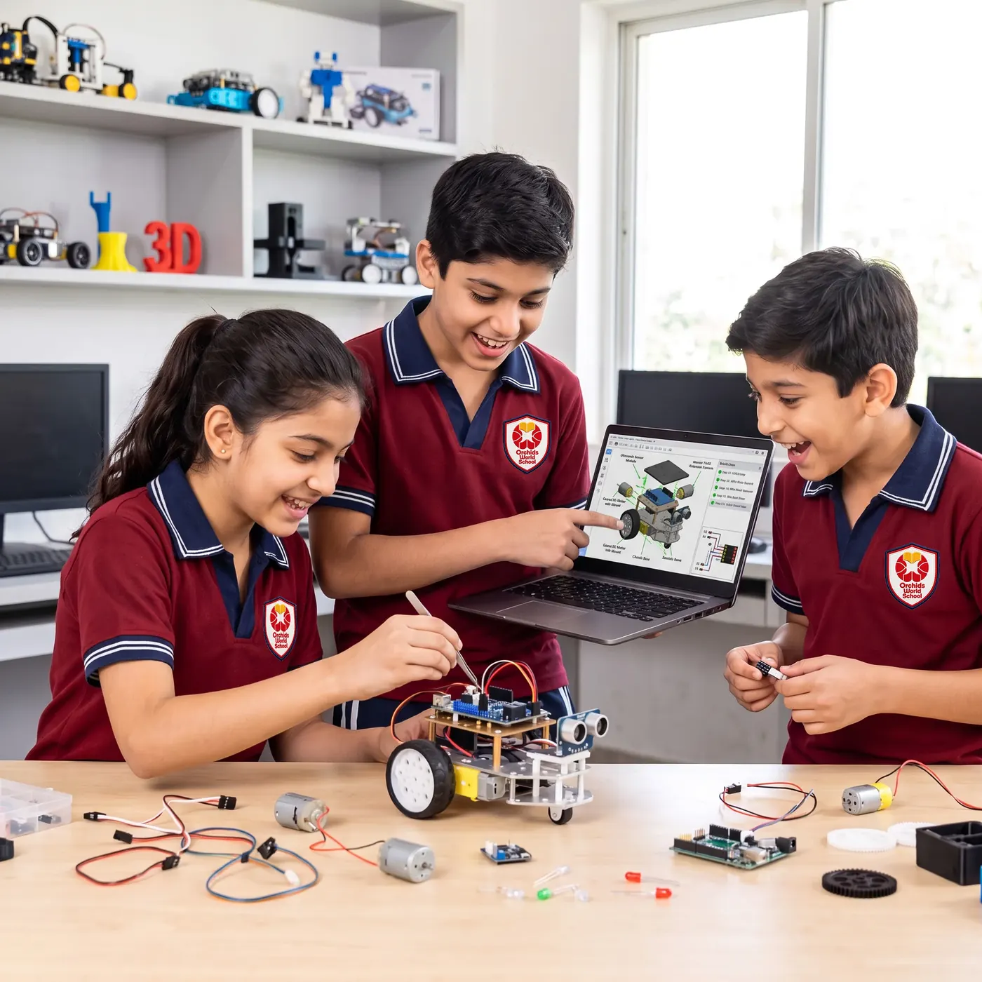 Coding and robotics lab. Students wiring a sensor robot with its design on a laptop.