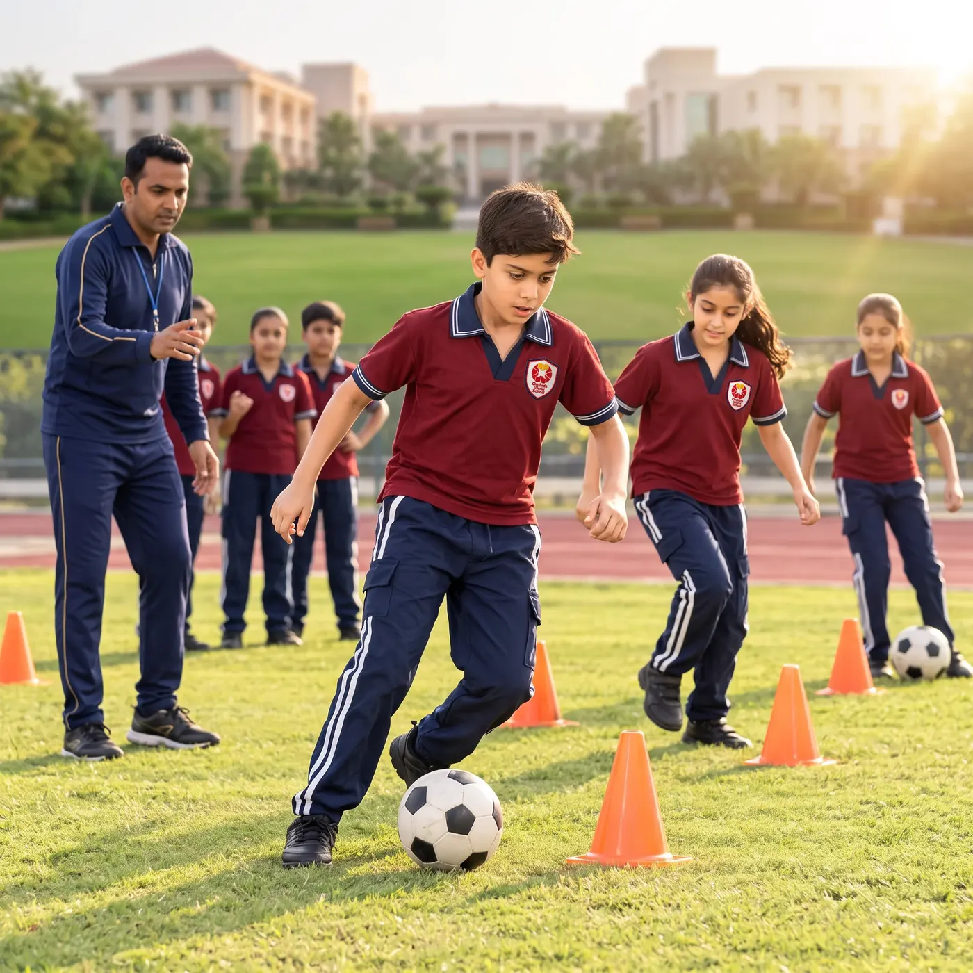Sports. A coach running a football dribbling drill on the school field.
