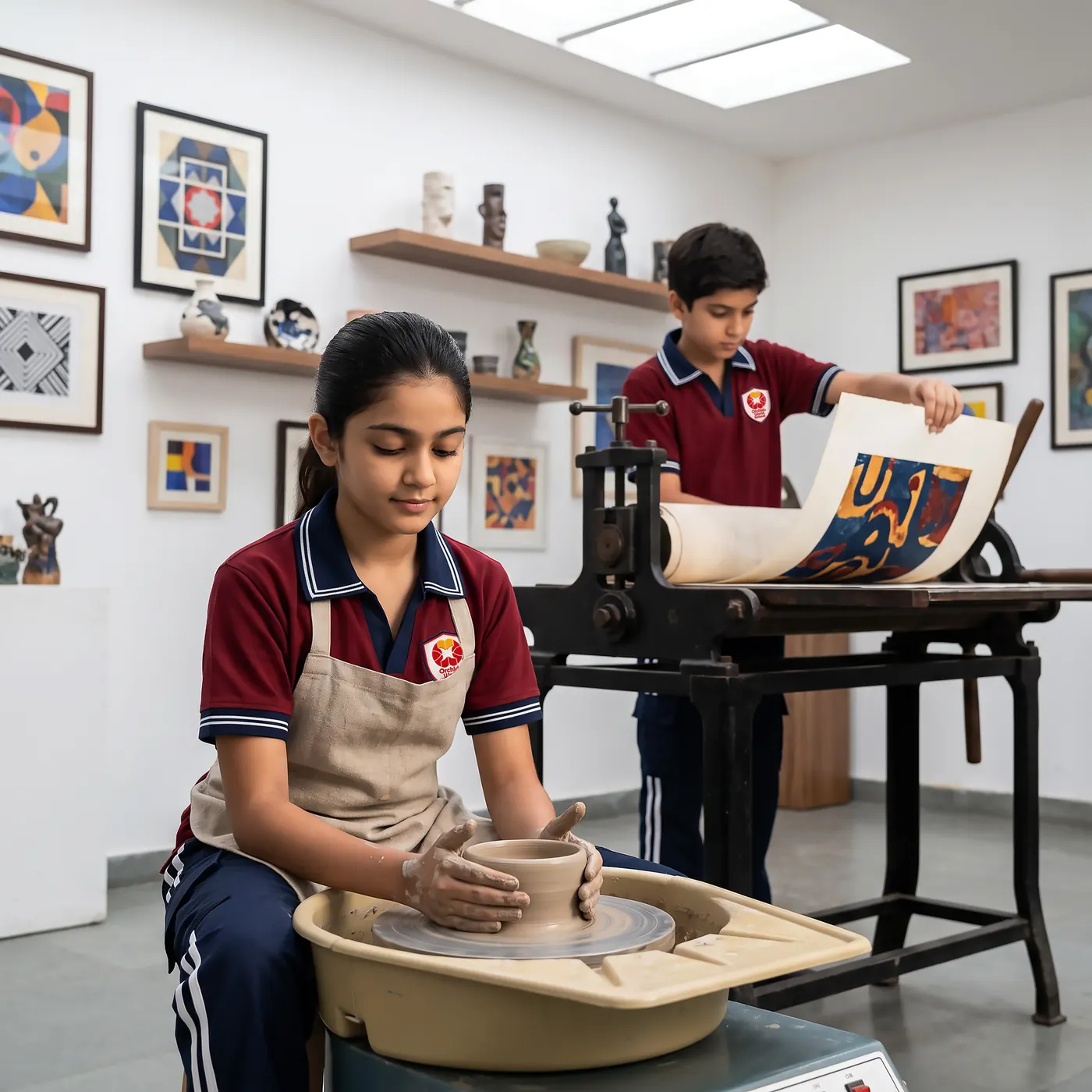 Visual arts. A student throwing a pot on the wheel while another pulls a print from the press.